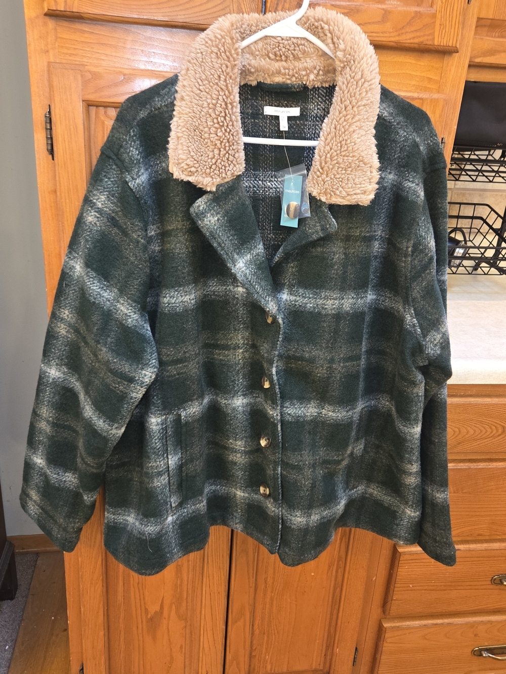Maurices Dark Green Plaid Teddy Collar Jacket